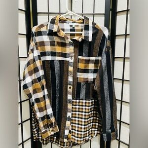 AEMI + CO Mixed Plaid Button-Up FLANNEL Shirt in Mustard, Black & White WOMEN S